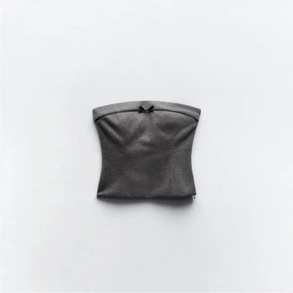 Zara Strapless Flannel Bow Top Grey Black Tube Top Wool Blend Size Small NWT - Picture 3 of 10